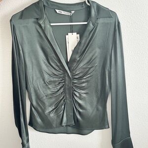 Zara Satin Blouse with Ruched Front - Deep Green